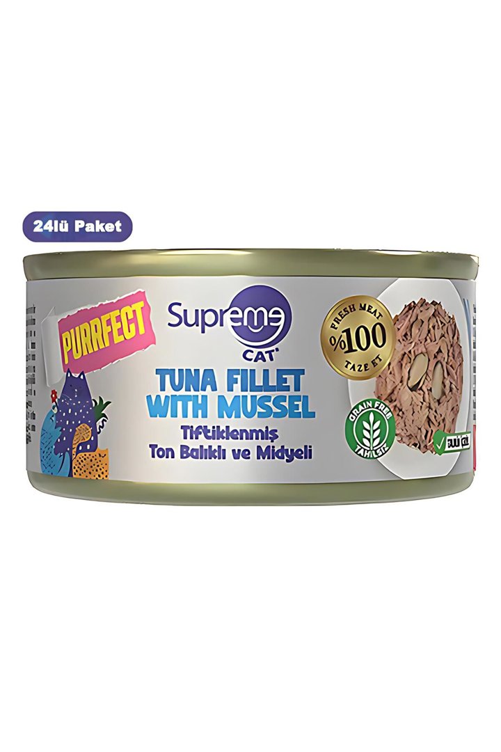 Supreme Tiftiklenmiş Ton Balıklı ve Midyeli Yetişkin Konserve Kedi Maması 70gr 24lü