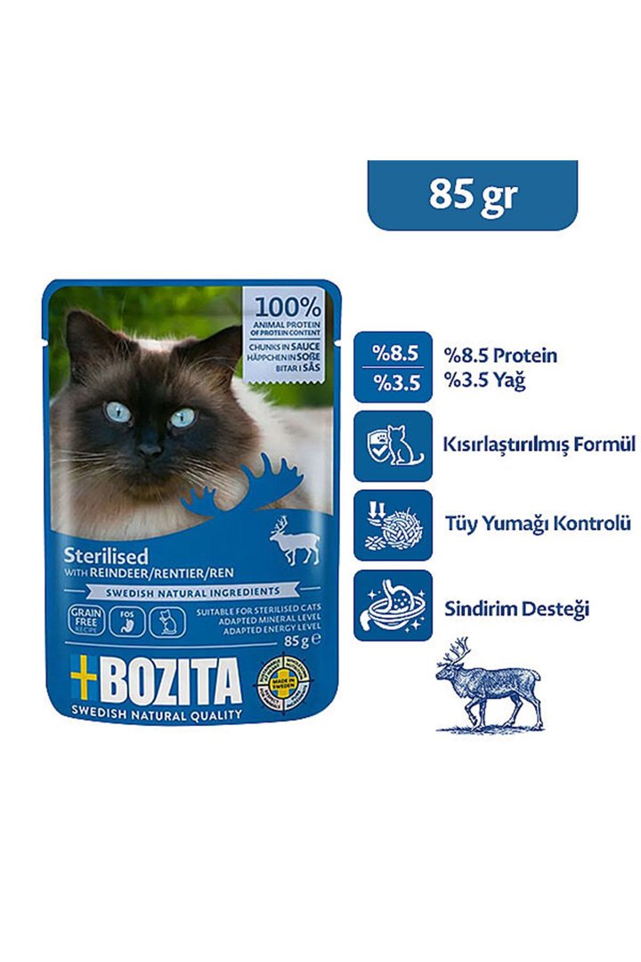 Bozita Kısır Kedi Yaş Maması Ren Geyiği Etli 85 G